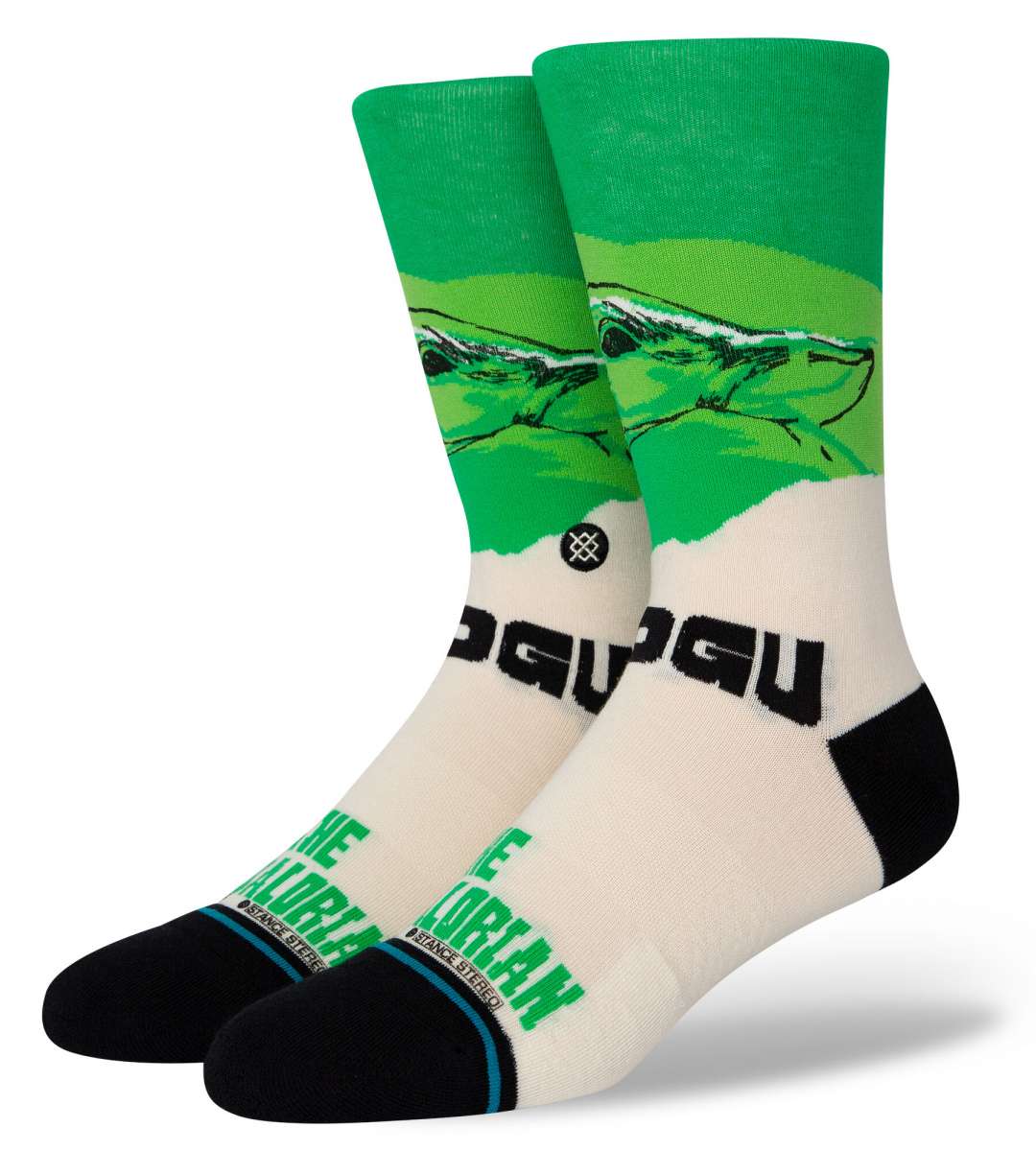Stance Grogu West Crew Socks 2023 - Baby Yoda with green robes and hooded cloak on a tan background.