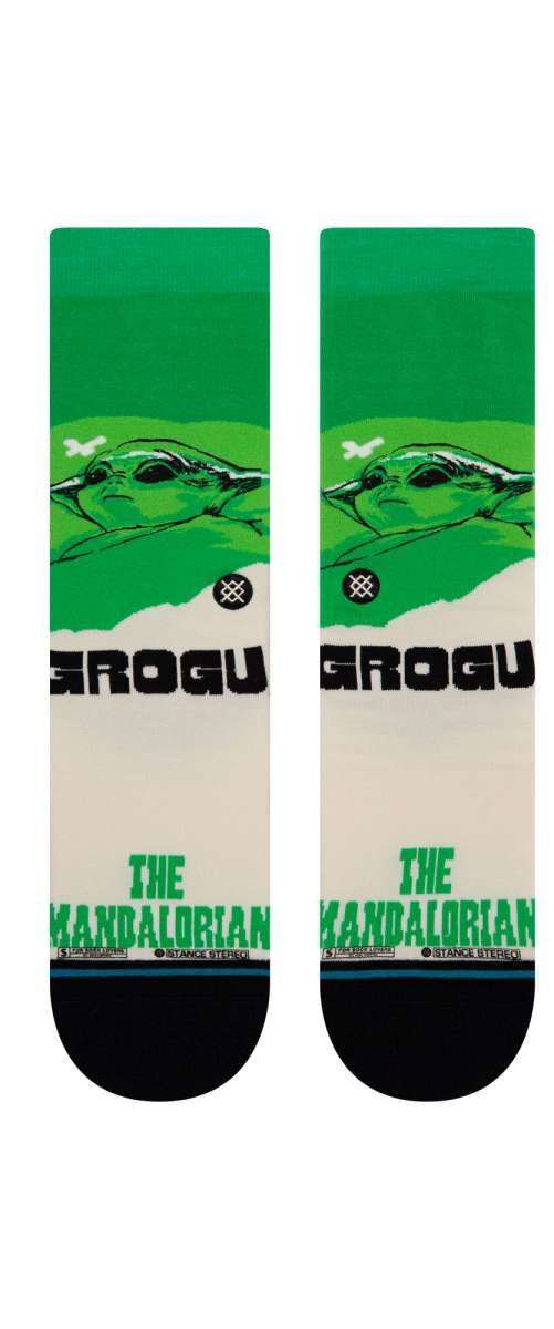 Stance Grogu West Crew Socks 2023 - Baby Yoda with green robes and white accents on a tan background.
