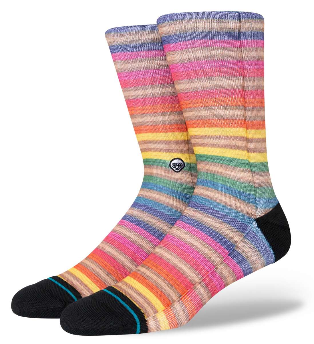 Stance Haroshi Stripe Crew Socks 2023 - A pair of crew socks with horizontal stripes in pink, orange, yellow, green, blue and purple.