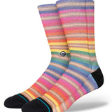 Stance Haroshi Stripe Crew Socks 2023 - A pair of crew socks with horizontal stripes in pink, orange, yellow, green, blue and purple.