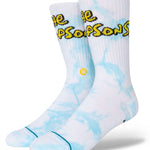 Stance Intro Crew Socks 2023 - White crew socks with black and yellow logo on top of foot.