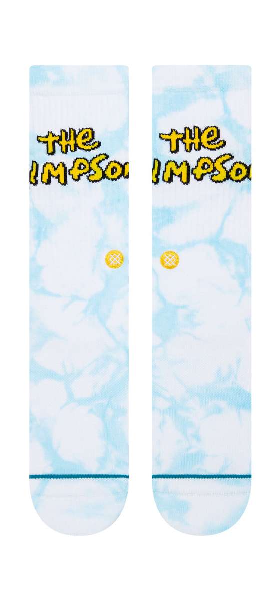 Stance Intro Crew Socks 2023 - White crew socks with a repeating pattern of light blue and dark blue stripes.