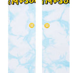 Stance Intro Crew Socks 2023 - White crew socks with a repeating pattern of light blue and dark blue stripes.