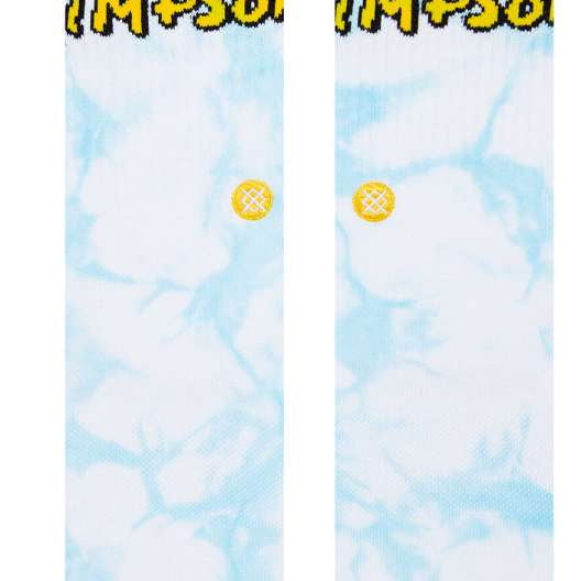 Stance Intro Crew Socks 2023 - White crew socks with a repeating pattern of light blue and dark blue stripes.