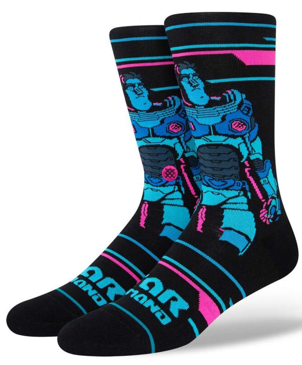 Stance Lightyear Crew Socks 2023 - Black crew socks with a blue and pink graphic of Buzz Lightyear from Toy Story on the top portion.