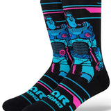 Stance Lightyear Crew Socks 2023 - Black crew socks with a blue and pink graphic of Buzz Lightyear from Toy Story on the top portion.