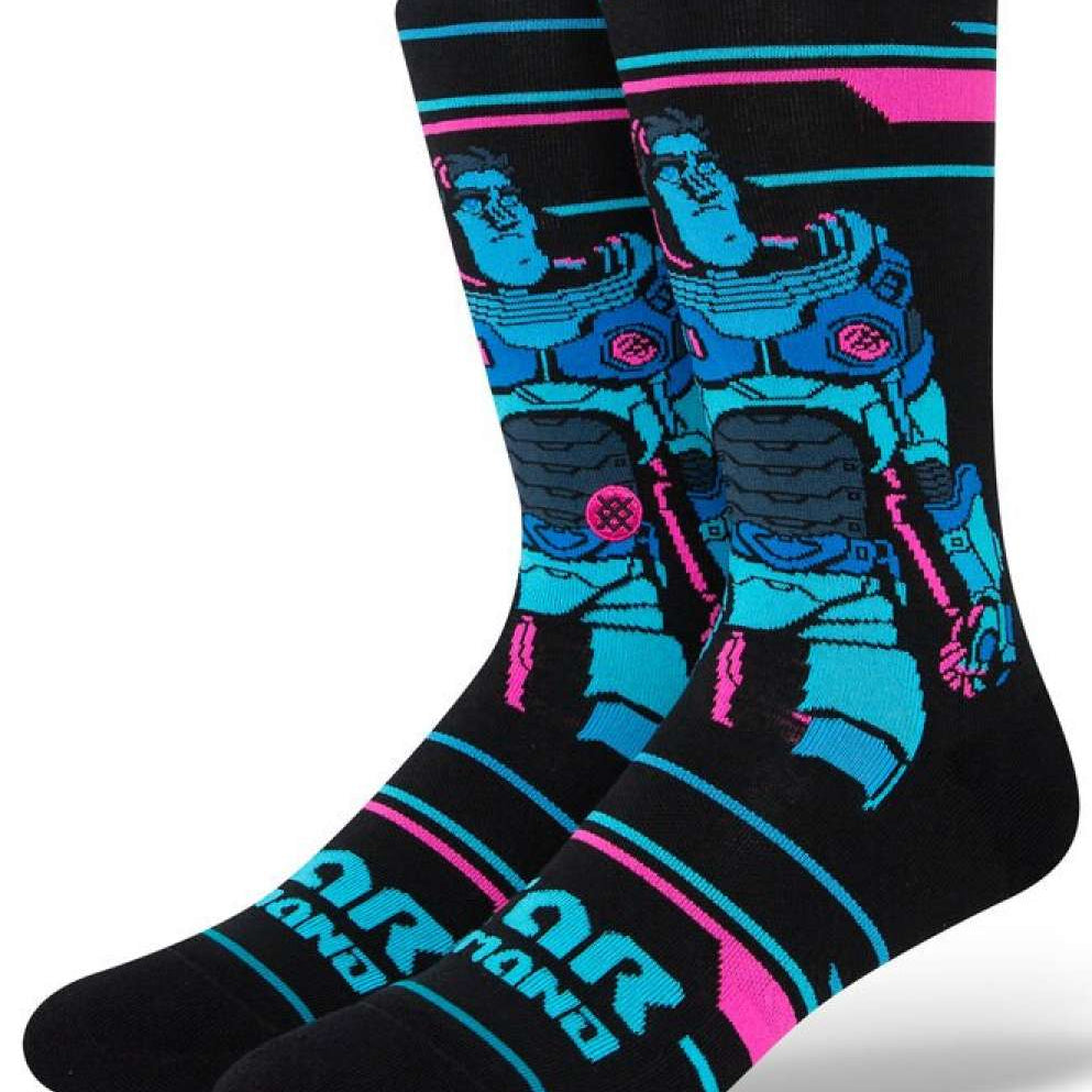 Stance Lightyear Crew Socks 2023 - Black crew socks with a blue and pink graphic of Buzz Lightyear from Toy Story on the top portion.