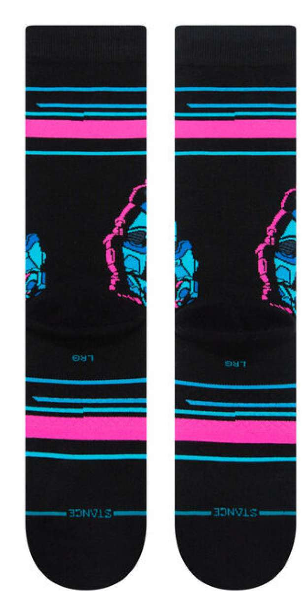 Stance Lightyear Crew Socks 2023 - Black crew socks with a blue and pink pattern of Buzz Lightyear's face from Toy Story.