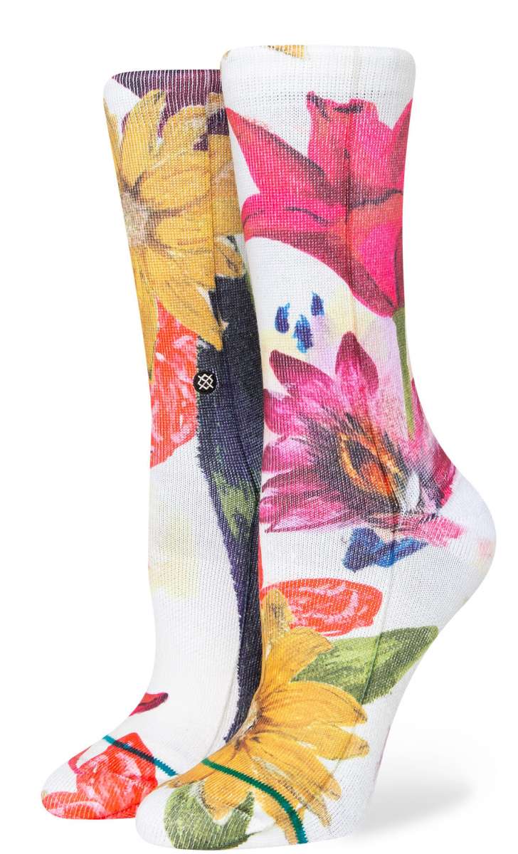 Stance Lucid Crew Cut Socks Ladies 2023 - White crew cut socks with a repeating pattern of pink, yellow and orange flowers.