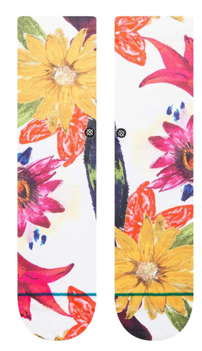 Stance Lucid Crew Cut Socks Ladies 2023 - White crew cut socks with a repeating pattern of yellow, pink and orange flowers.