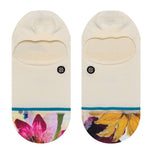 Stance Lucid No Show Socks Ladies 2023 - White socks with a pink and purple floral pattern at the toe area.
