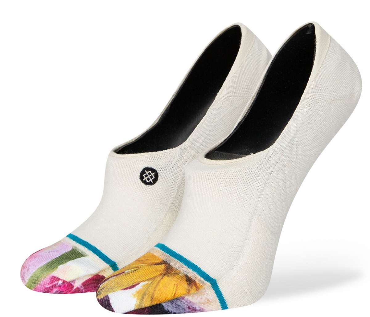 Stance Lucid No Show Socks Ladies 2023 - White socks with a colorful abstract design on the toes.