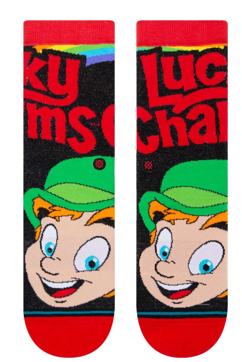 Stance Lucky Charms Crew Cut Kids Socks - A pair of socks featuring a colorful design with the iconic Lucky Charms leprechaun character and rainbow stripes.