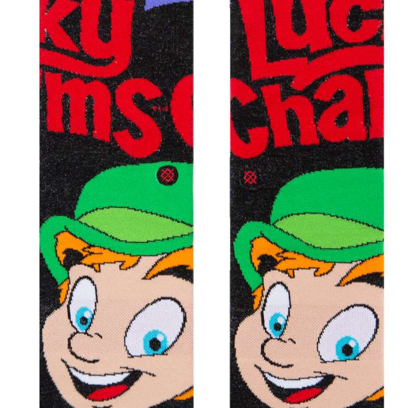Stance Lucky Charms Crew Cut Kids Socks - A pair of socks featuring a colorful design with the iconic Lucky Charms leprechaun character and rainbow stripes.