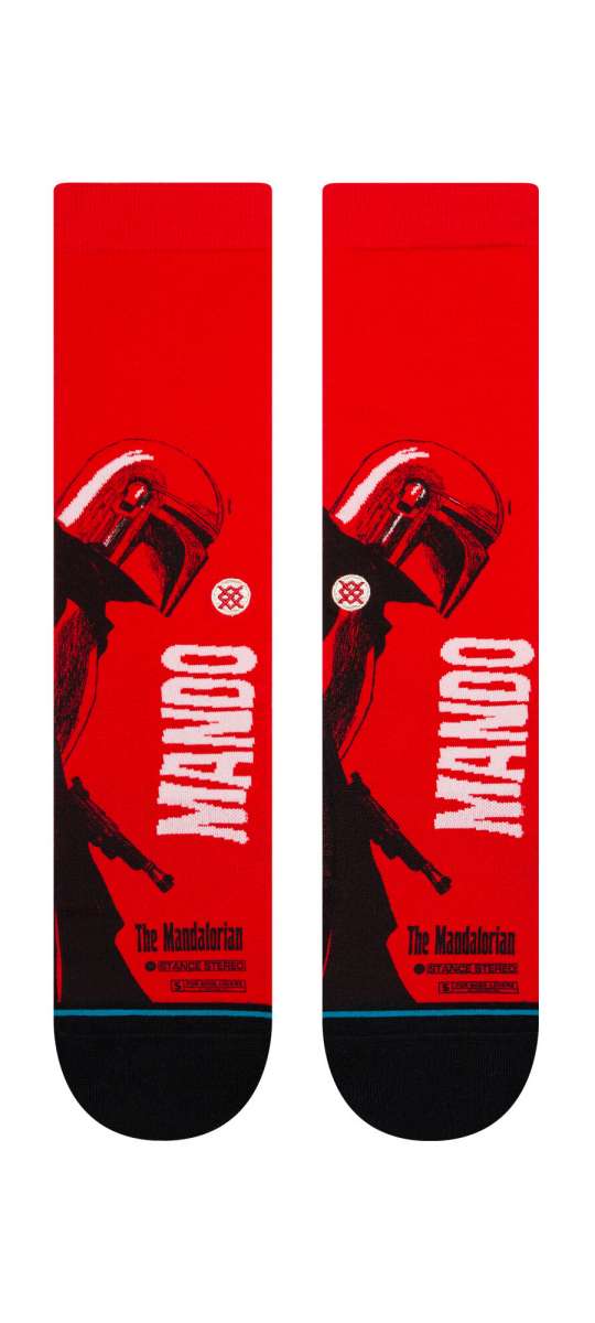 Stance Mando West Crew Socks 2023 - Red crew socks with a black silhouette of The Mandalorian character on the top.