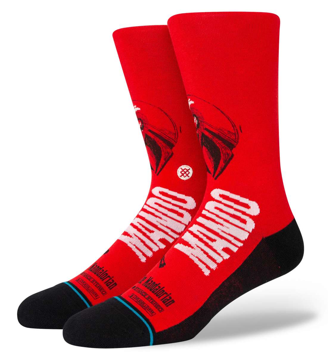 Stance Mando West Crew Socks - Red crew socks with a black graphic of The Mandalorian's helmet on the top portion.