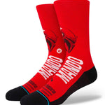 Stance Mando West Crew Socks - Red crew socks with a black graphic of The Mandalorian's helmet on the top portion.