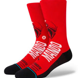 Stance Mando West Crew Socks - Red crew socks with a black graphic of The Mandalorian's helmet on the top portion.