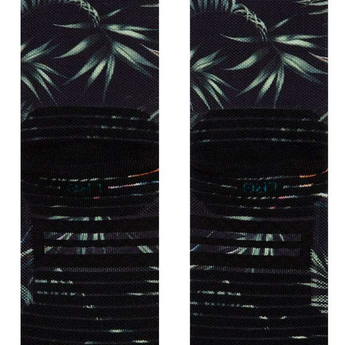 Stance Paradis Crew Socks 2023 - Black crew socks with palm tree print and blue accents.