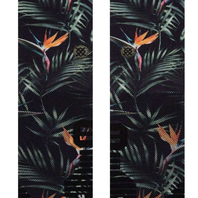 Stance Paradis Crew Socks 2023 - Black crew socks with a repeating pattern of palm leaves and orange flowers.