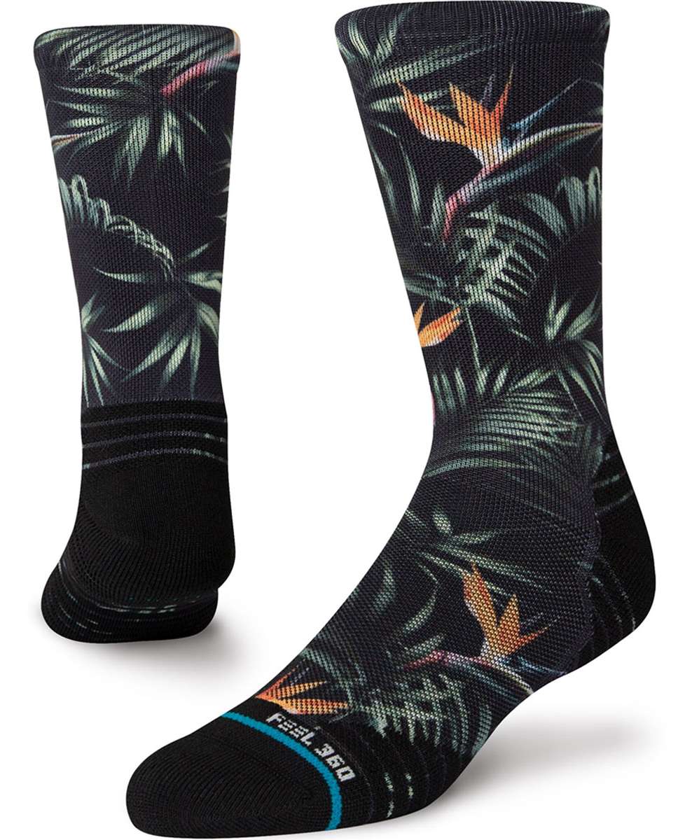 Stance Paradis Crew Socks 2023 - Black crew socks with green palm tree leaves and pink accents.