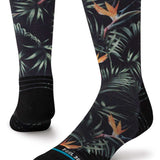 Stance Paradis Crew Socks 2023 - Black crew socks with green palm tree leaves and pink accents.