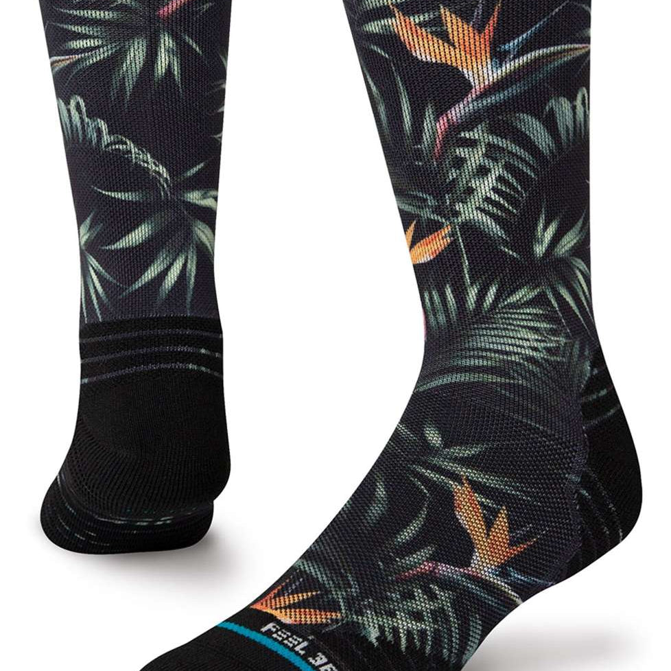 Stance Paradis Crew Socks 2023 - Black crew socks with green palm tree leaves and pink accents.