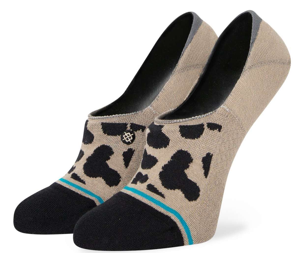 Stance Ladies' Show Some Skin 2023 - A pair of tan ankle socks with black leopard print and a teal stripe at the top.