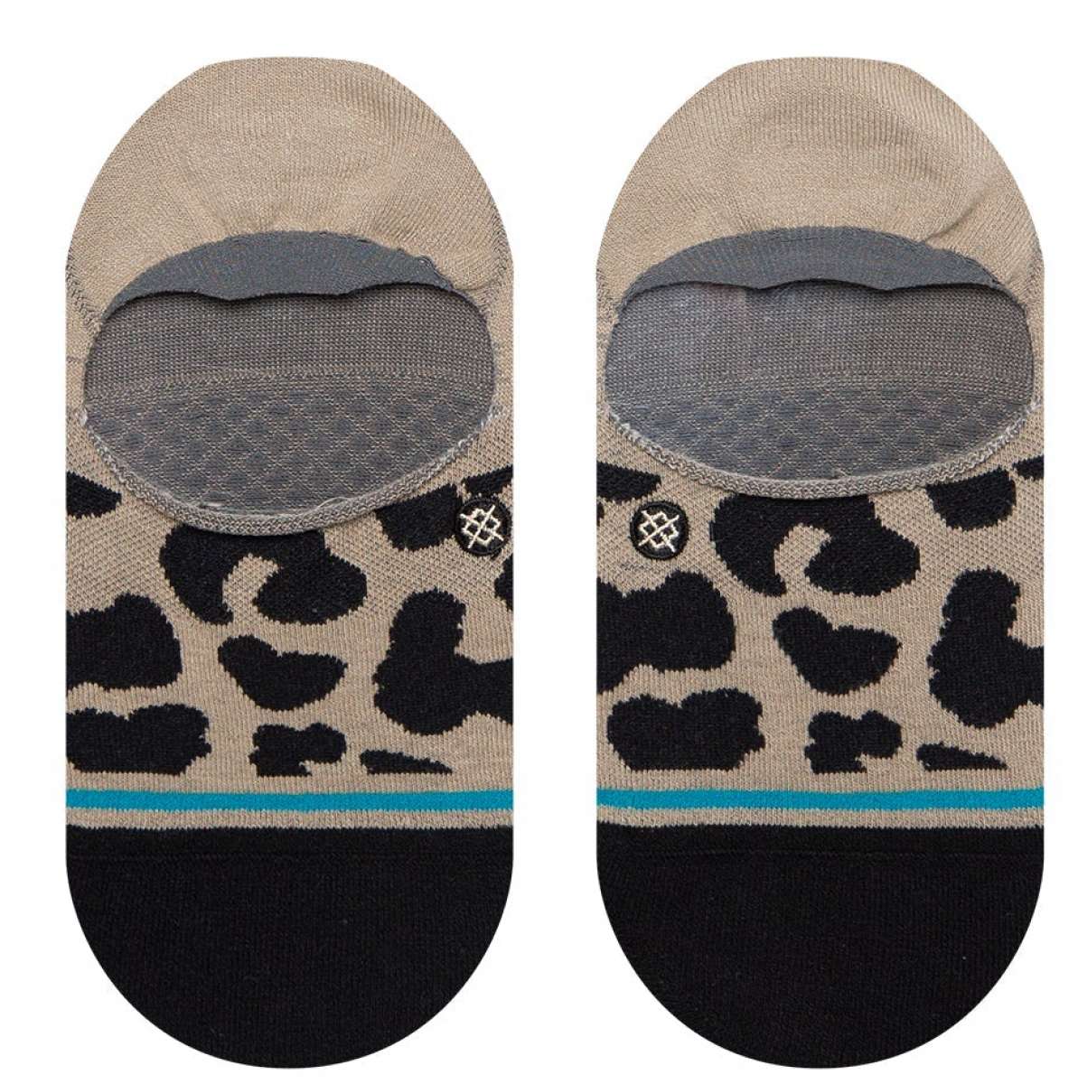 Stance Ladies' Show Some Skin 2023 - A pair of no-show socks with a leopard print design in black and tan on a beige background.