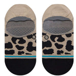 Stance Ladies' Show Some Skin 2023 - A pair of no-show socks with a leopard print design in black and tan on a beige background.