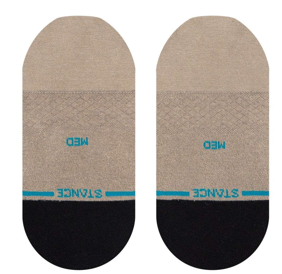 Stance Ladies' Show Some Skin 2023 - A pair of tan ankle socks with a small blue logo and a repeating pattern of thin white lines.