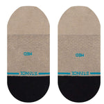 Stance Ladies' Show Some Skin 2023 - A pair of tan ankle socks with a small blue logo and a repeating pattern of thin white lines.