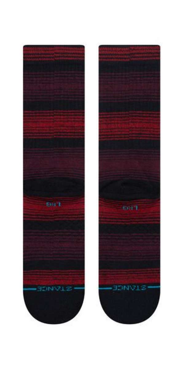 Stance Tonality Crew Socks 2023 - Black crew socks with horizontal red and gray stripes.