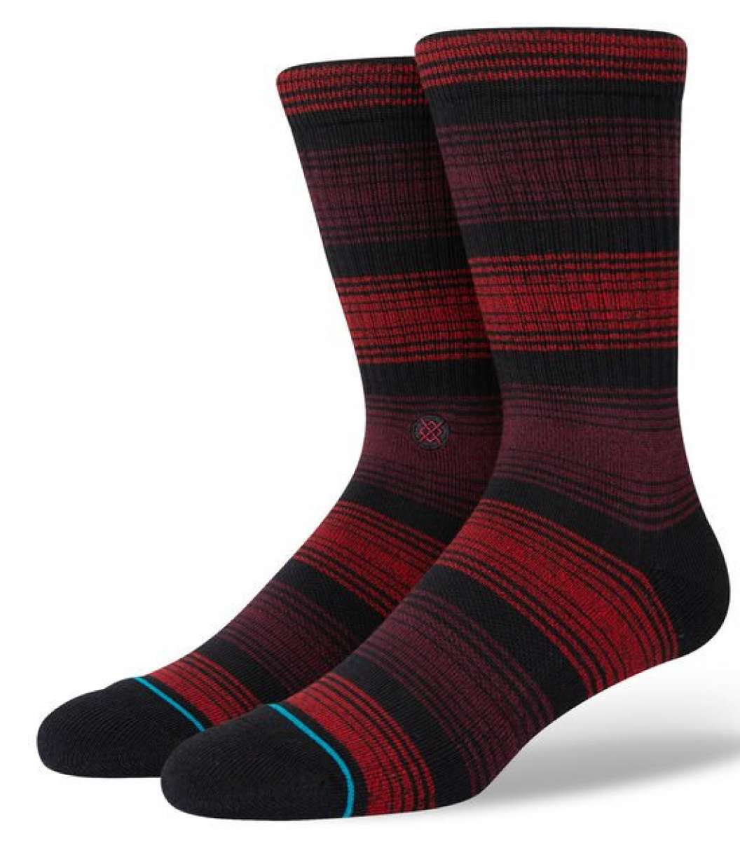 Stance Tonality Crew Socks 2023 - Black crew socks with red and blue stripes.