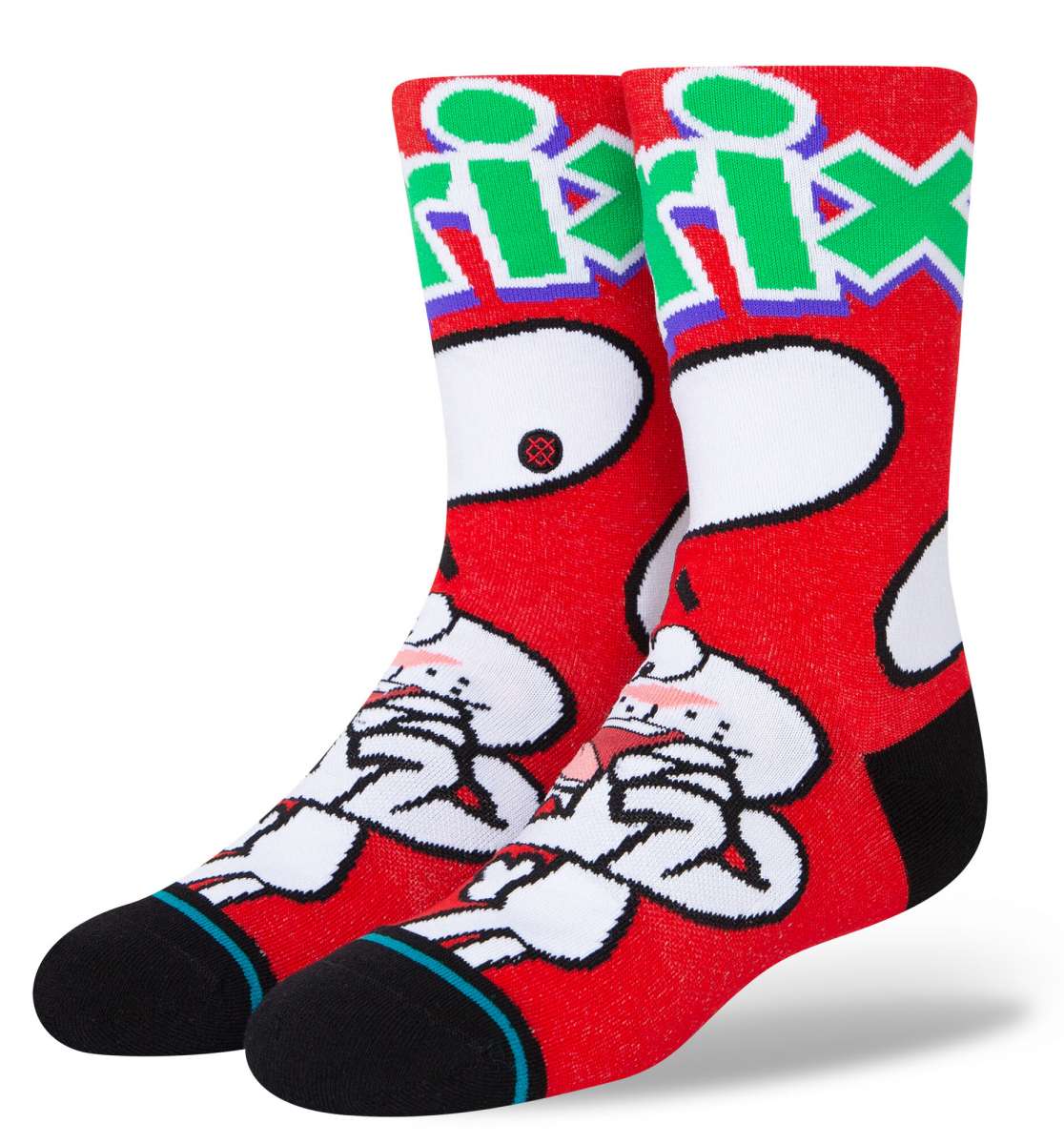 Stance Trix Crew Cut Kids Socks - A pair of red crew socks with a cartoon character and green lettering at the top.