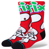 Stance Trix Crew Cut Kids Socks - A pair of red crew socks with a cartoon character and green lettering at the top.