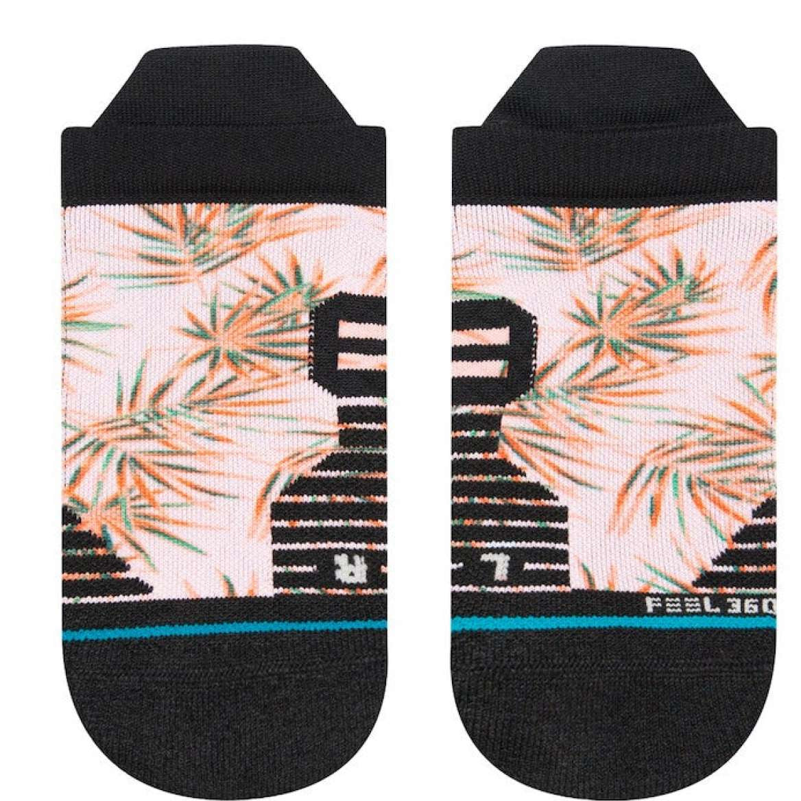 Stance Ladies' Tropix Tab Socks 2023 - Tropical leaves in shades of green and orange on a white background.