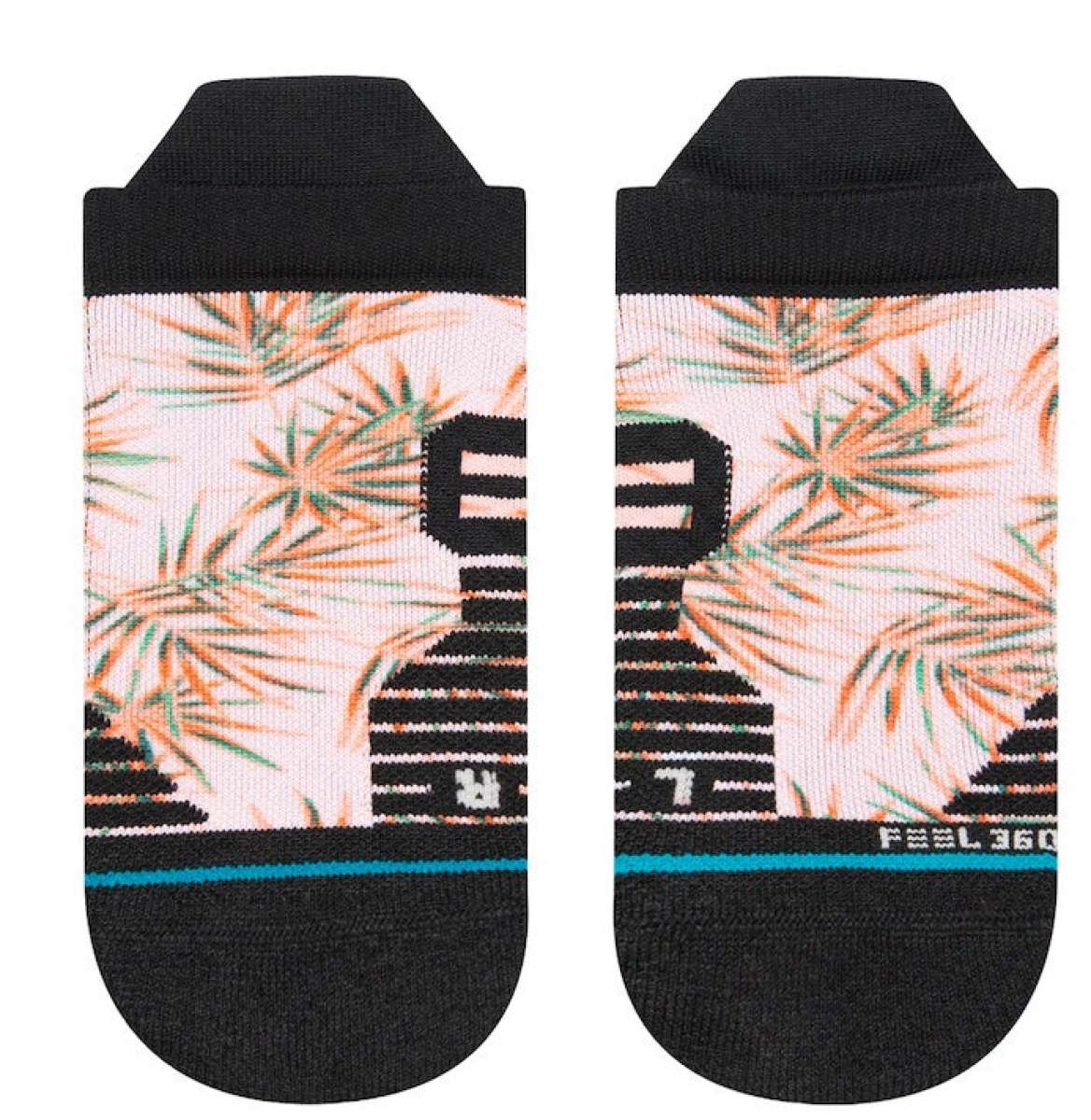 Stance Ladies' Tropix Tab Socks 2023 - Tropical leaves in shades of green and orange on a white background.