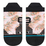 Stance Ladies' Tropix Tab Socks 2023 - Tropical leaves in shades of green and orange on a white background.