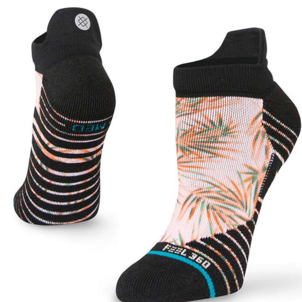 Stance Ladies' Tropix Tab Socks 2023 - Tropical leaves in shades of green and orange on a white background with black trim.