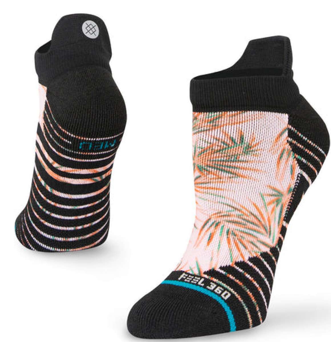 Stance Ladies' Tropix Tab Socks 2023 - Tropical leaves in shades of green and orange on a white background with black trim.