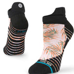 Stance Ladies' Tropix Tab Socks 2023 - Tropical leaves in shades of green and orange on a white background with black trim.