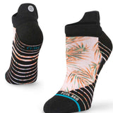 Stance Ladies' Tropix Tab Socks 2023 - Tropical leaves in shades of green and orange on a white background with black trim.