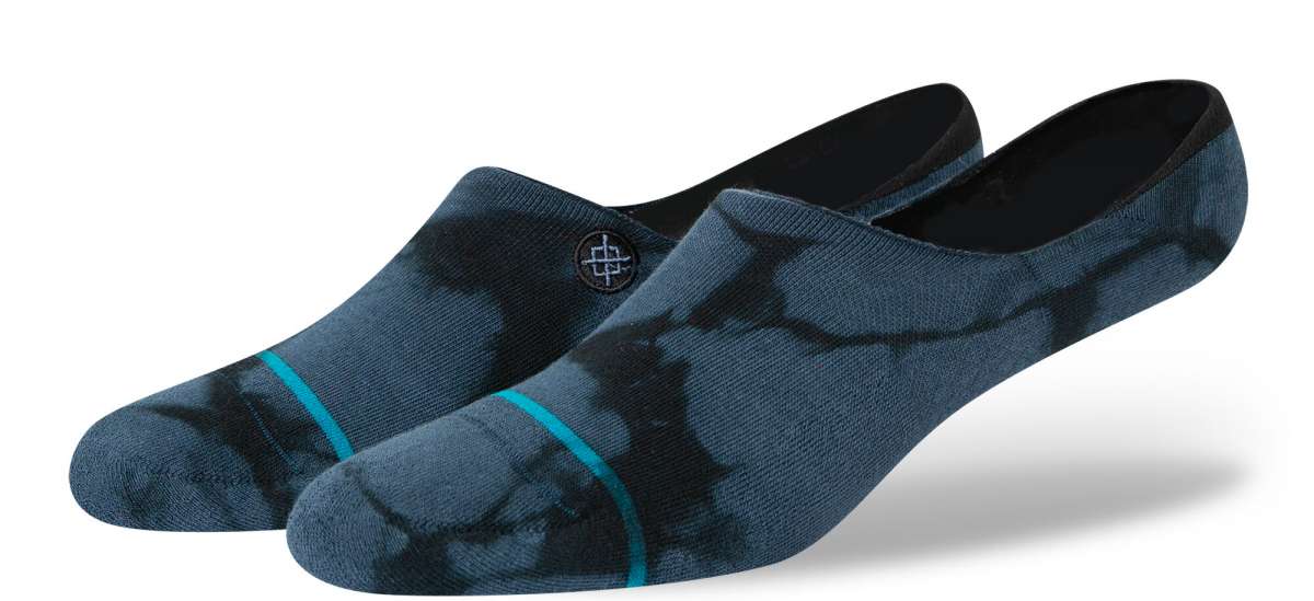 Stance Turbid No Show Socks 2023 - A pair of dark gray no-show socks with a subtle tie-dye pattern and teal accents.