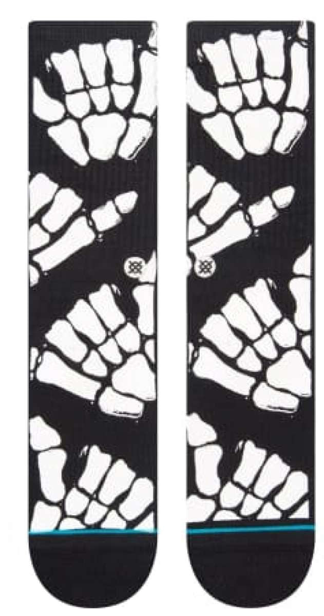 Stance Zombie Hang Crew Socks 2023 - Black crew socks with white zombie hand print design and blue stripe at top.