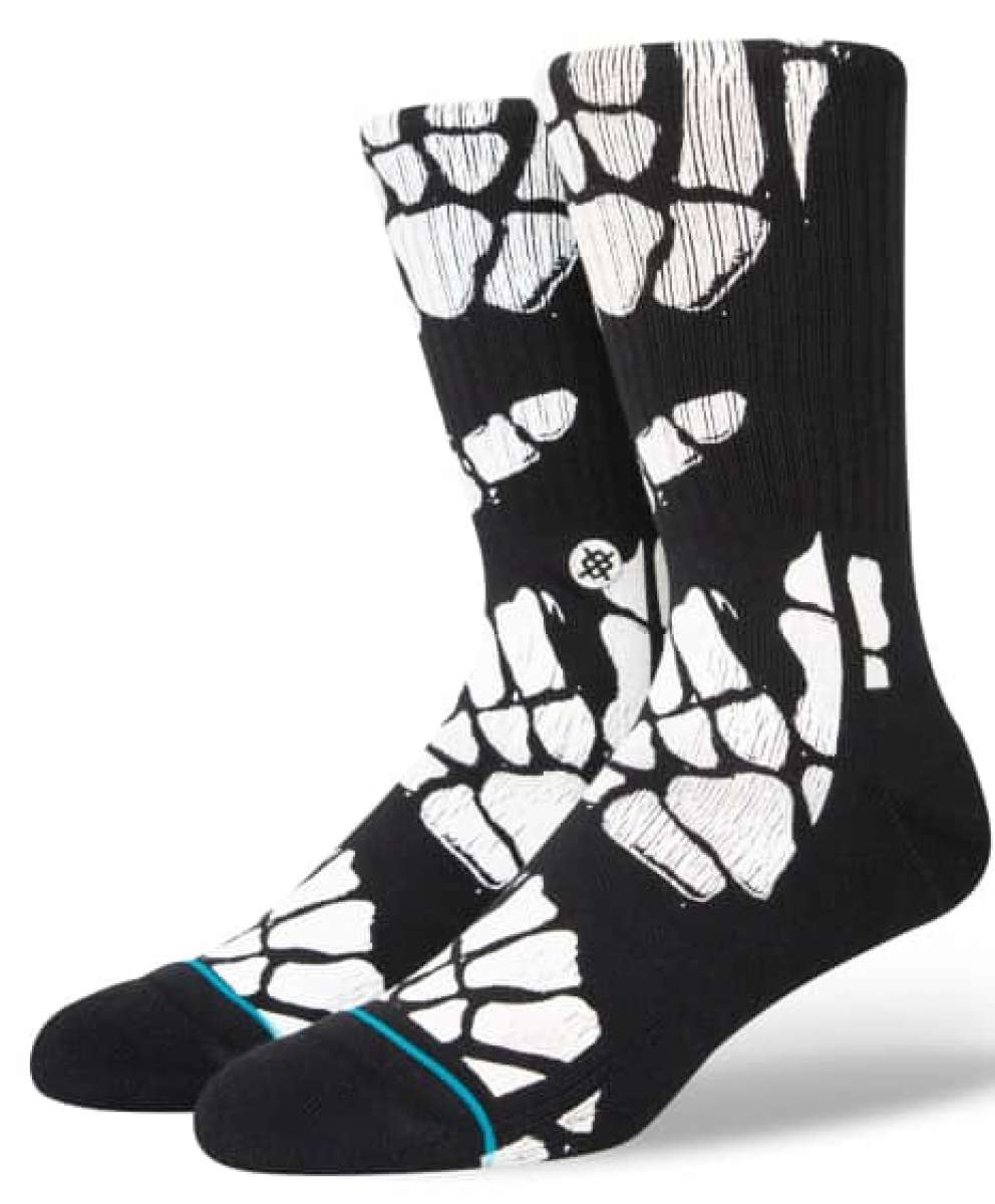Stance Zombie Hang Crew Socks 2023 - Black crew socks with white zombie hand print design and blue stripe at top.