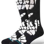 Stance Zombie Hang Crew Socks 2023 - Black crew socks with white zombie hand print design and blue stripe at top.