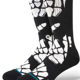 Stance Zombie Hang Crew Socks 2023 - Black crew socks with white zombie hand print design and blue stripe at top.