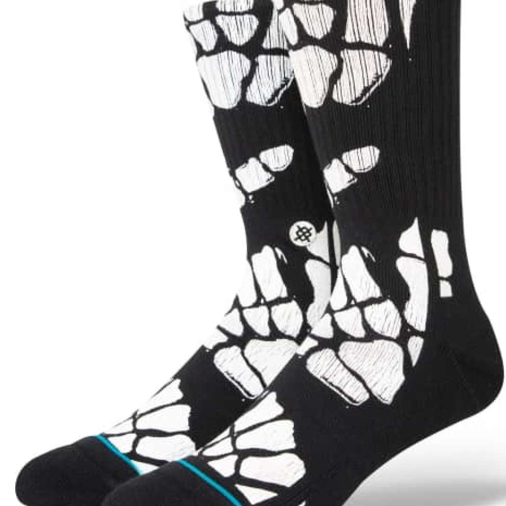 Stance Zombie Hang Crew Socks 2023 - Black crew socks with white zombie hand print design and blue stripe at top.