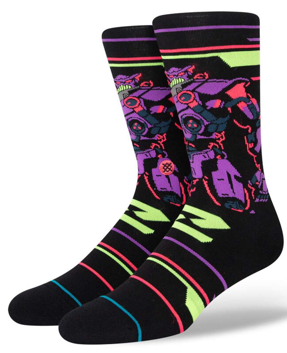 Stance Zurg Crew Socks 2023 - A pair of black crew socks with a purple and red pattern featuring characters from Toy Story.